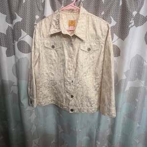 Ruby Rd. Women’s Cream & Gold Geometric Design Lightweight Jean Jacket Style SIZ